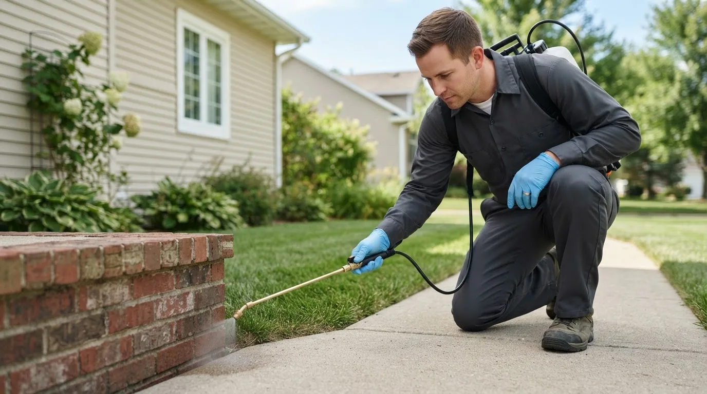 Pest control technician treating a home near Boylston, MA